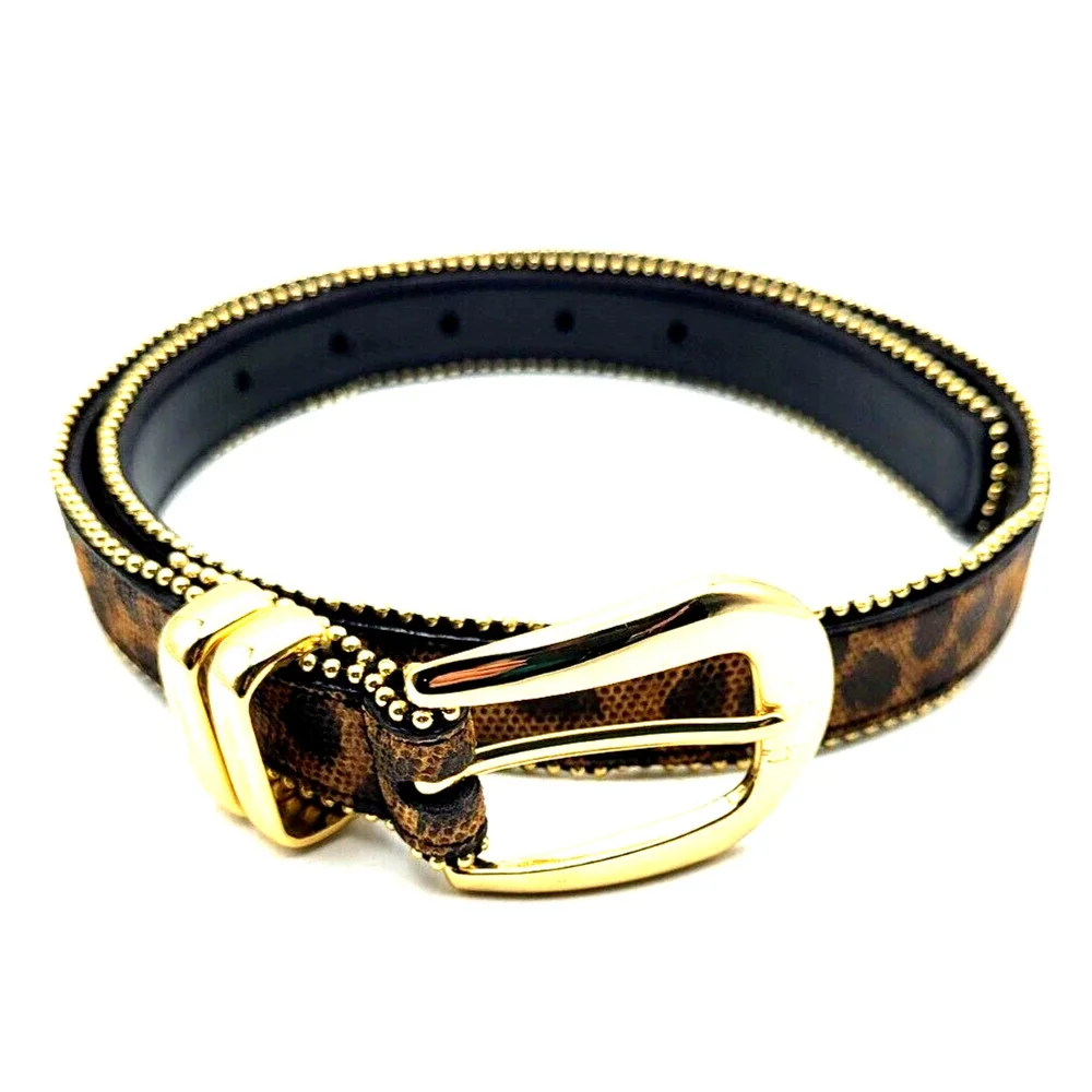 Amiee Lynn Leopard Print Leather Belt Gold Studded with Gold Buckle Size Small